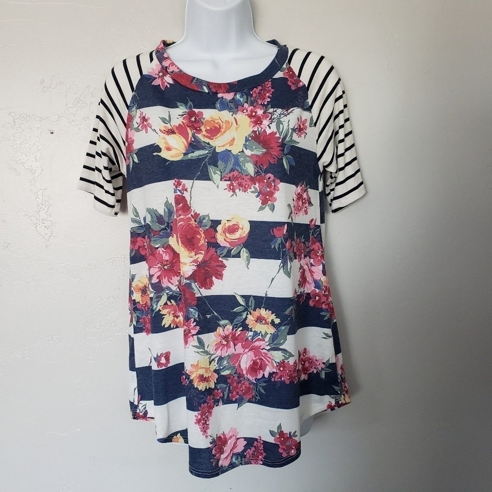 12 PM by Mon Ami Medium Short Sleeve Shirt Navy Blue White Stripes Floral Top